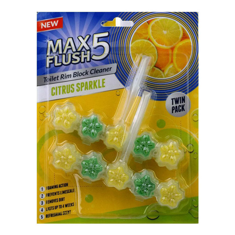 Max Flush 5 Citrus Sparkle Toilet Rim Block Cleaner (Twin Pack) 2 x 45g | Affordable & Durable - Product Image Max Flush 5 Citrus Sparkle Toilet Rim Block Cleaner (Twin Pack) 2 x 45g | Affordable & Durable - Product Image